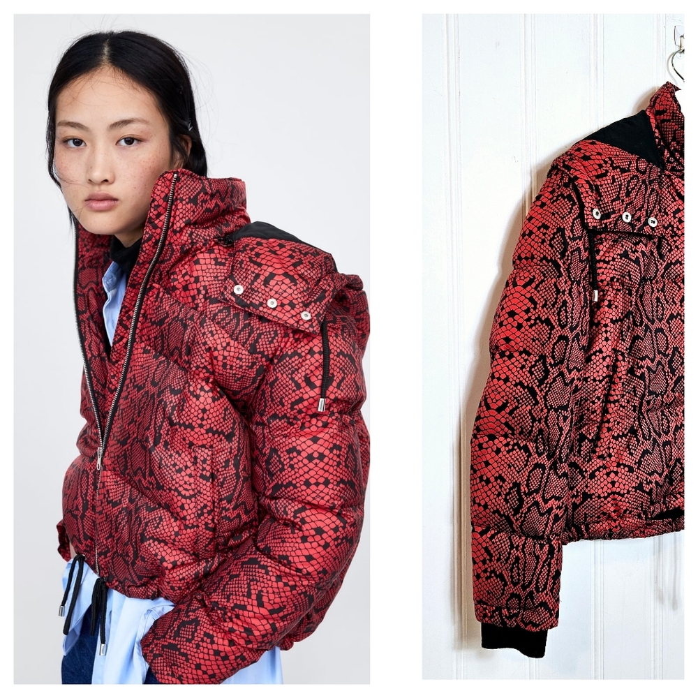 ZARA Puffer Jacket XS Red Black Snakeskin Python Cropped Hooded Y2K Street Style